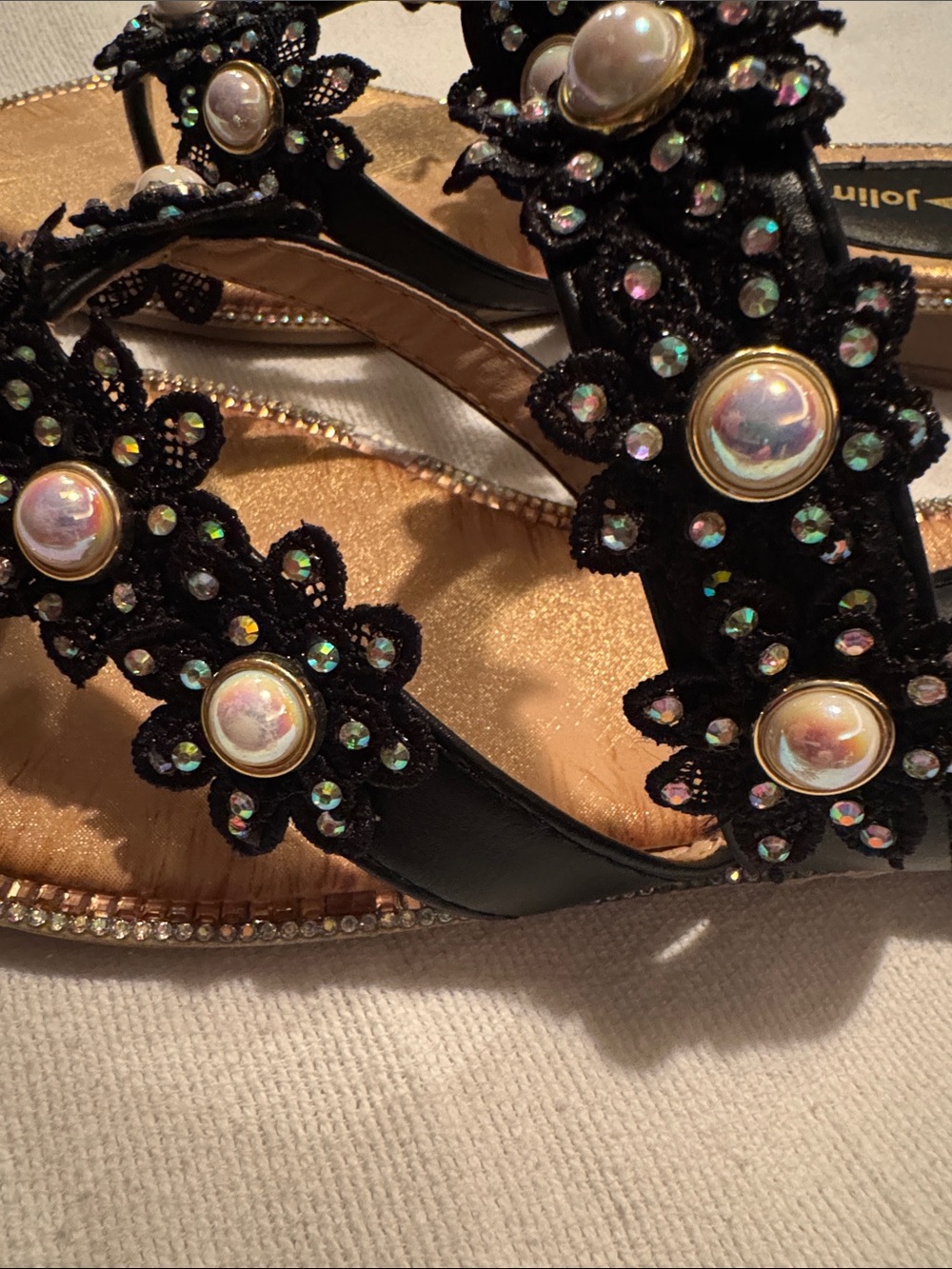 JoliMall - Black Slide Sandals - Rhinestone & Faux Pearls - Sz 39 (US 7.5 - 8) - Picture 2 of 10